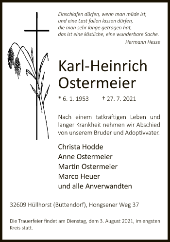 Traueranzeige von Karl-Heinrich Ostermeier von Neue Westfälische
