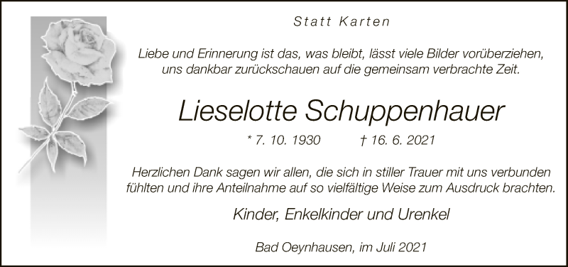  Traueranzeige für Lieselotte Schuppenhauer vom 10.07.2021 aus Neue Westfälische
