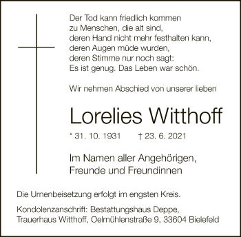 Traueranzeige von Lorelies Witthoff von Neue Westfälische