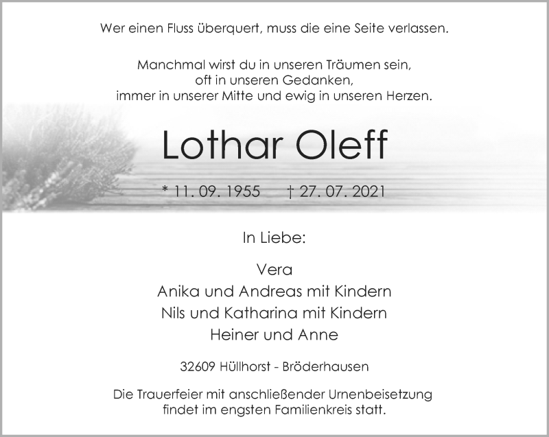  Traueranzeige für Lothar Oleff vom 31.07.2021 aus Neue Westfälische