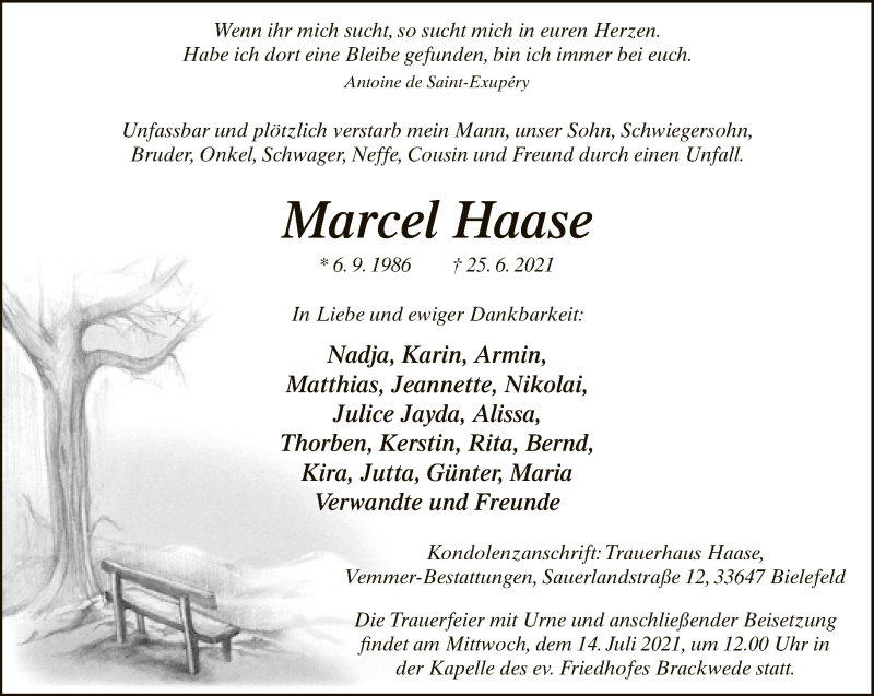  Traueranzeige für Marcel Haase vom 03.07.2021 aus Neue Westfälische