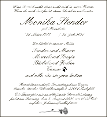 Traueranzeige von Monika Stender von Neue Westfälische