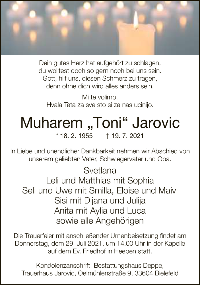  Traueranzeige für Muharem Jarovic vom 24.07.2021 aus Neue Westfälische