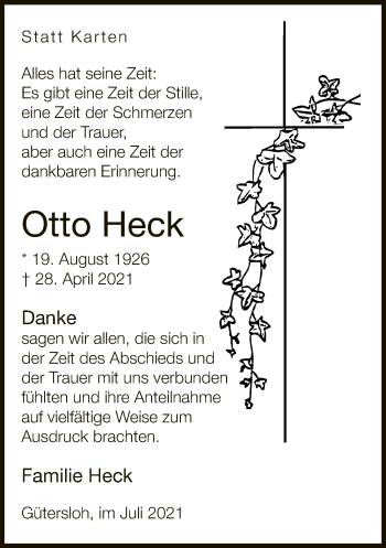 Traueranzeige von Otto Heck von Neue Westfälische