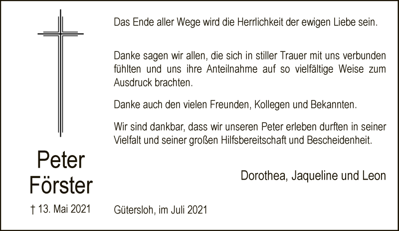  Traueranzeige für Peter Förster vom 03.07.2021 aus Neue Westfälische