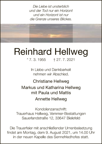 Traueranzeige von Reinhard Hellweg von Neue Westfälische