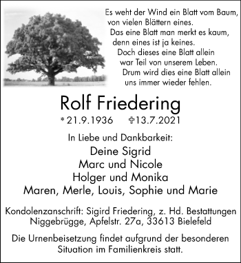 Traueranzeige von Rolf Friedering von Neue Westfälische