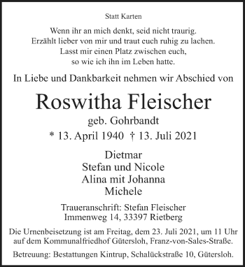 Traueranzeige von Roswitha Fleischer von Neue Westfälische