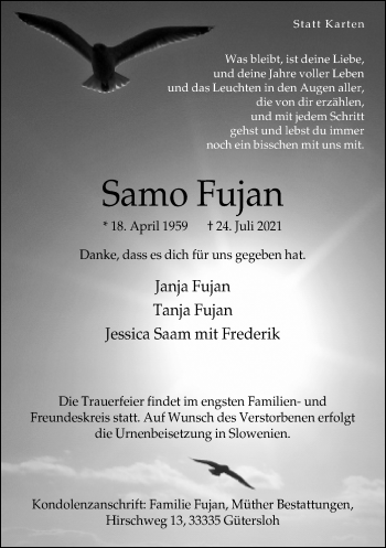 Traueranzeige von Samo Fujan von Neue Westfälische