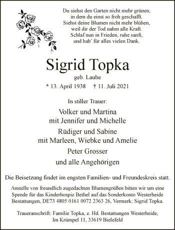 Traueranzeige von Sigrid Topka von Neue Westfälische