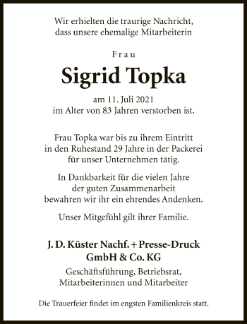 Traueranzeige von Sigrid Topka von Neue Westfälische