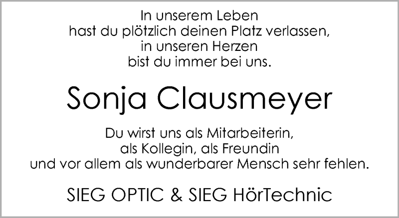  Traueranzeige für Sonja Clausmeyer vom 17.07.2021 aus Neue Westfälische