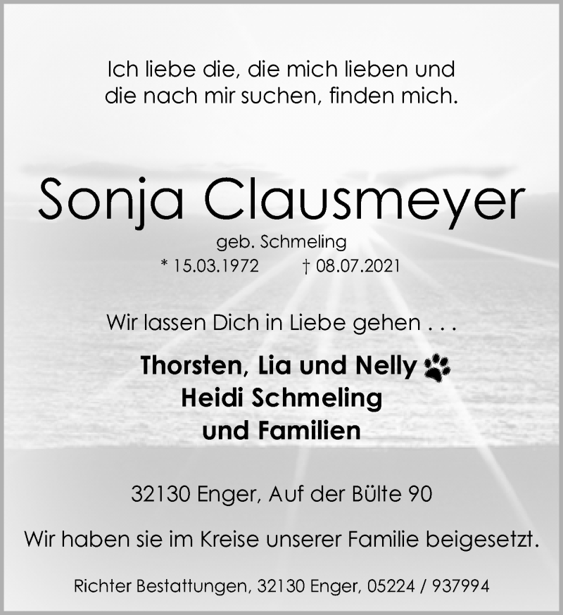  Traueranzeige für Sonja Clausmeyer vom 17.07.2021 aus Neue Westfälische