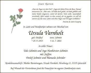 Traueranzeige von Ursula Varnholt von Neue Westfälische
