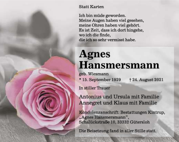 Traueranzeige von Agnes Hansmersmann von Neue Westfälische