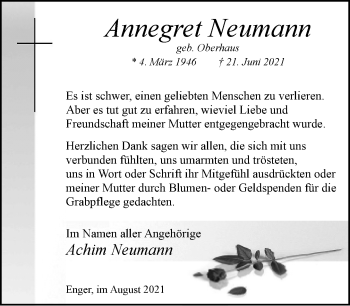 Traueranzeige von Annegret Neumann von Neue Westfälische