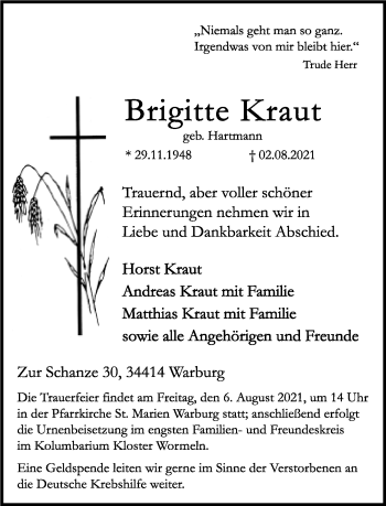 Traueranzeige von Brigitte Kraut von Neue Westfälische