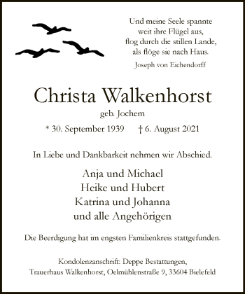 Traueranzeige von Christa Walkenhorst von Neue Westfälische