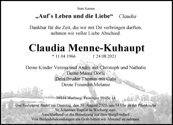 Traueranzeige von Claudia Menne-Kuhaupt von Neue Westfälische