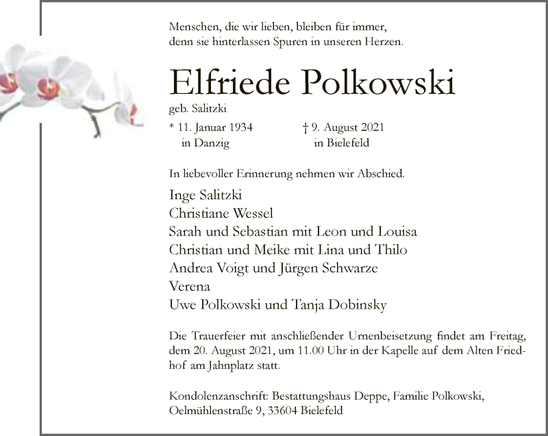 Traueranzeige für Elfriede Polkowski vom 14.08.2021 aus Neue Westfälische