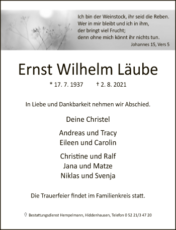 Traueranzeige von Ernst Wilhelm Läube von Neue Westfälische