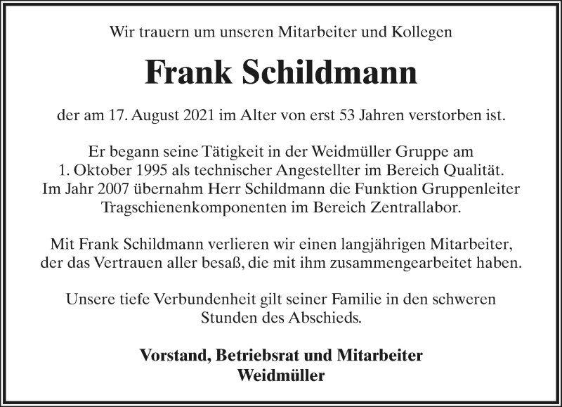  Traueranzeige für Frank Schildmann vom 24.08.2021 aus Neue Westfälische