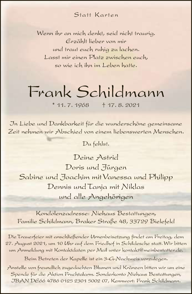  Traueranzeige für Frank Schildmann vom 21.08.2021 aus Neue Westfälische