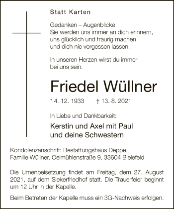 Traueranzeige von Friedel Wüllner von Neue Westfälische