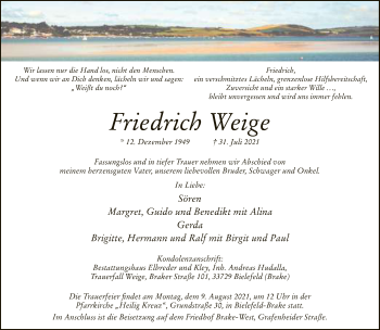 Traueranzeige von Friedrich Weige von Neue Westfälische