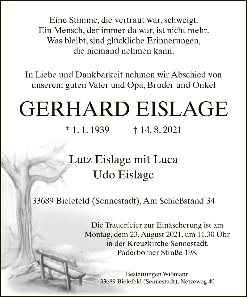  Traueranzeige für Gerhard Eislage vom 21.08.2021 aus Neue Westfälische