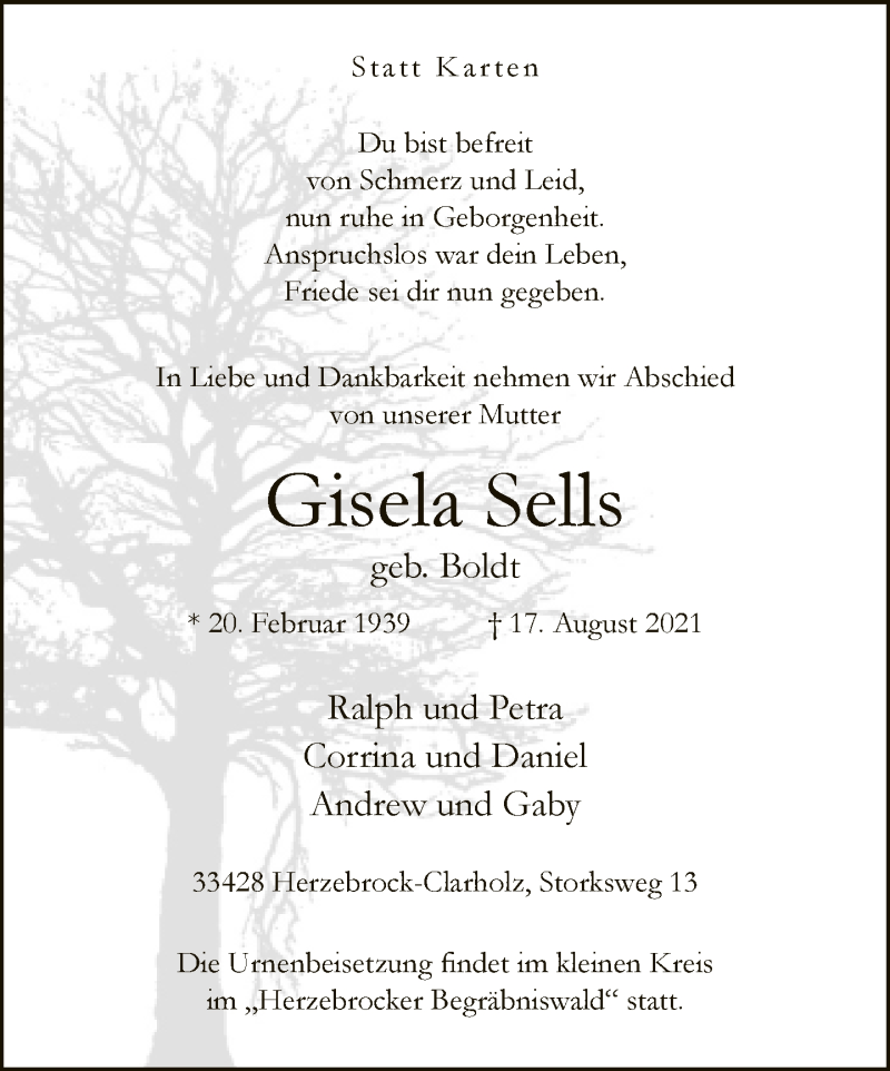  Traueranzeige für Gisela Sells vom 21.08.2021 aus Neue Westfälische
