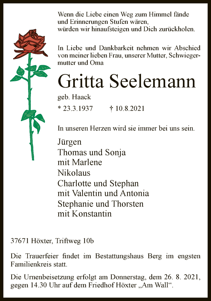  Traueranzeige für Gritta Seelemann vom 21.08.2021 aus Neue Westfälische
