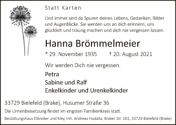 Traueranzeige von Hanna Brömmelmeier von Neue Westfälische
