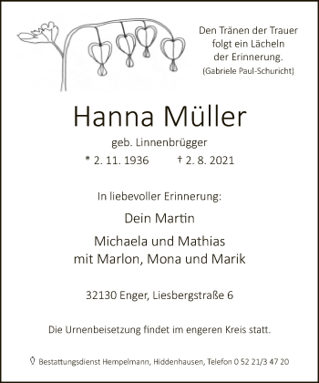 Traueranzeige von Hanna Müller von Neue Westfälische