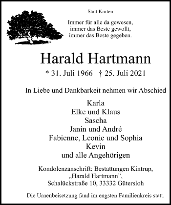Traueranzeige von Harald Hartmann von Neue Westfälische