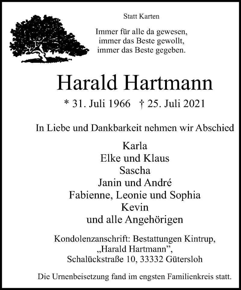  Traueranzeige für Harald Hartmann vom 02.08.2021 aus Neue Westfälische