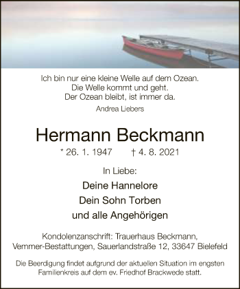 Traueranzeige von Hermann Beckmann von Neue Westfälische