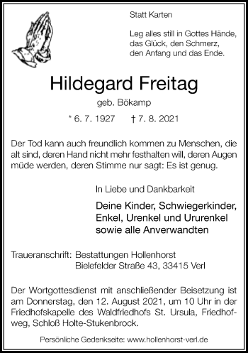 Traueranzeige von Hildegard Freitag von Neue Westfälische