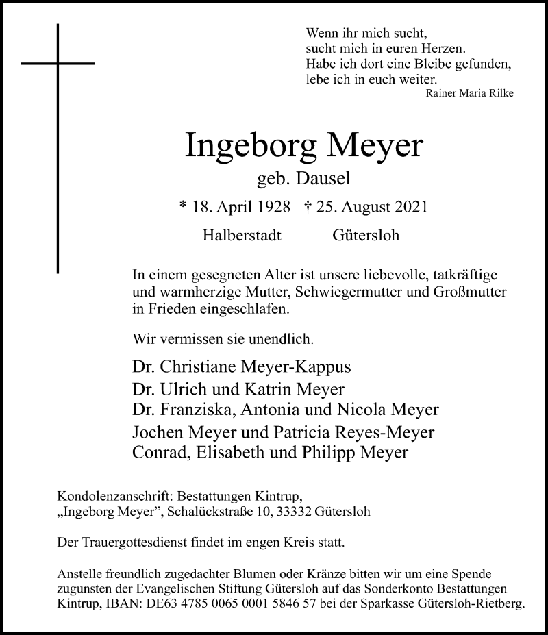  Traueranzeige für Ingeborg Meyer vom 28.08.2021 aus Neue Westfälische