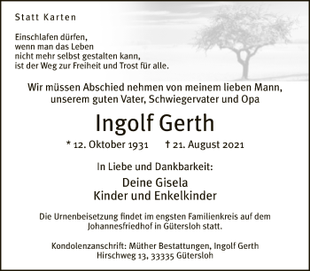 Traueranzeige von Ingolf Gerth von Neue Westfälische