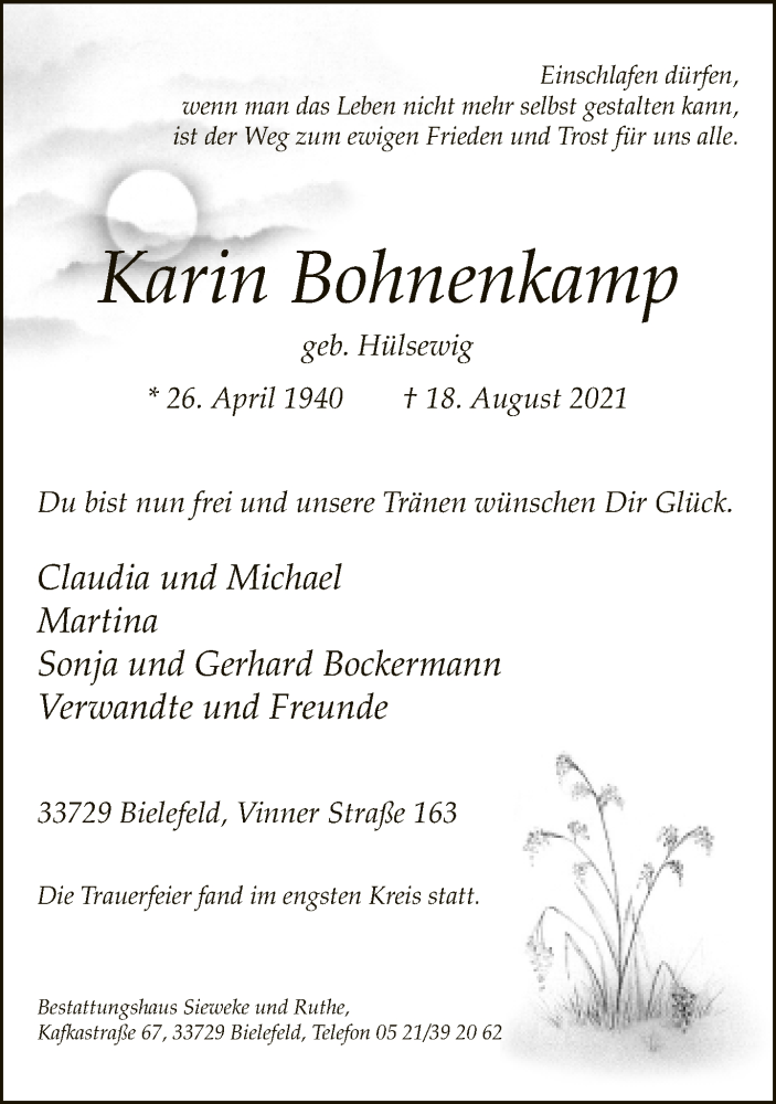  Traueranzeige für Karin Bohnenkamp vom 28.08.2021 aus Neue Westfälische