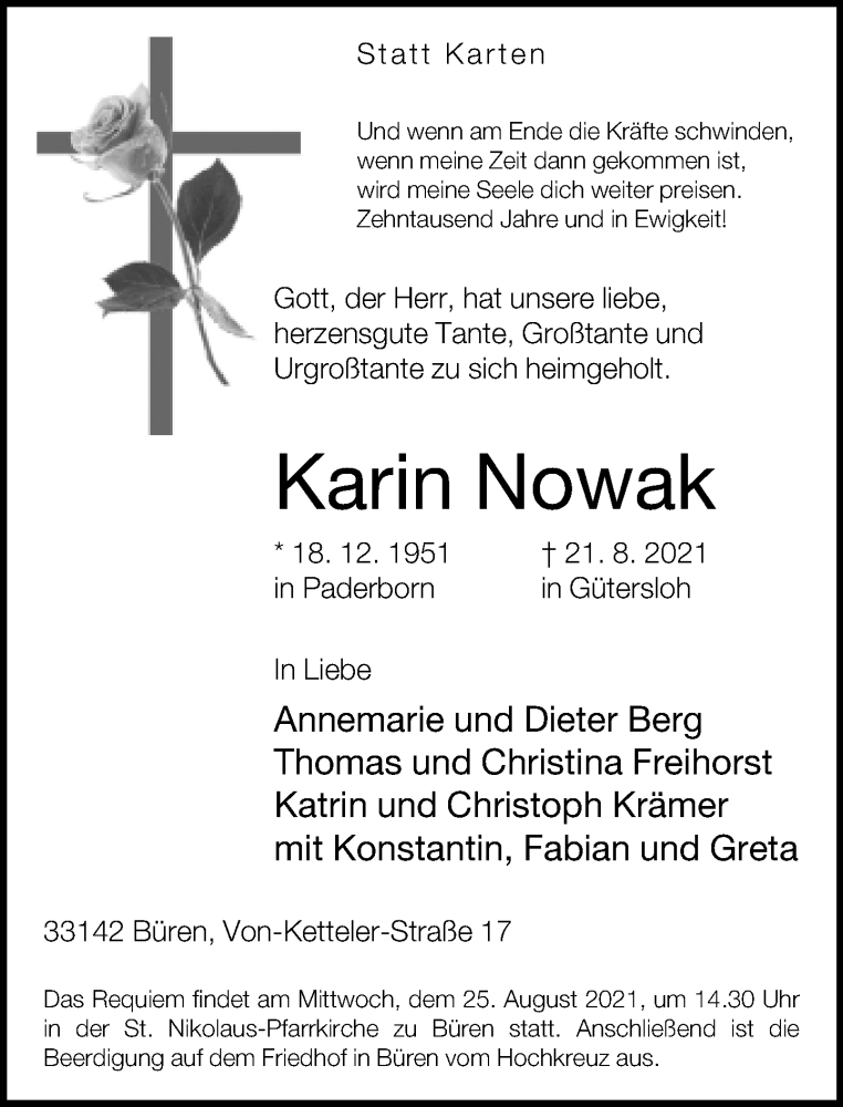  Traueranzeige für Karin Nowak vom 24.08.2021 aus Neue Westfälische