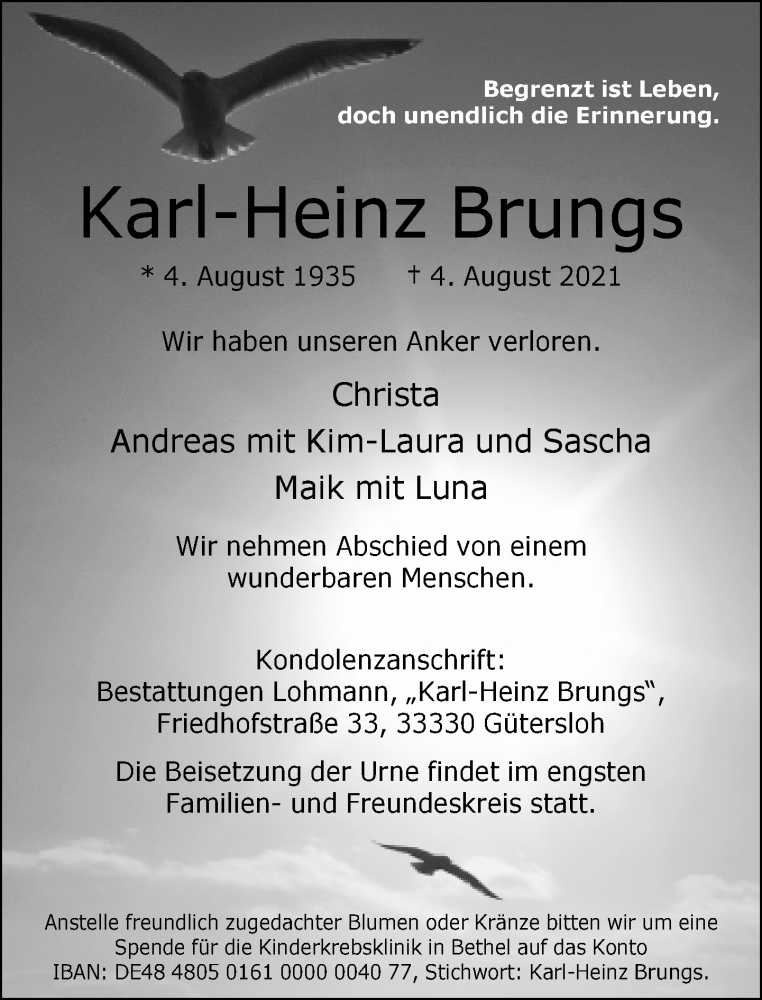  Traueranzeige für Karl-Heinz Brungs vom 10.08.2021 aus Neue Westfälische