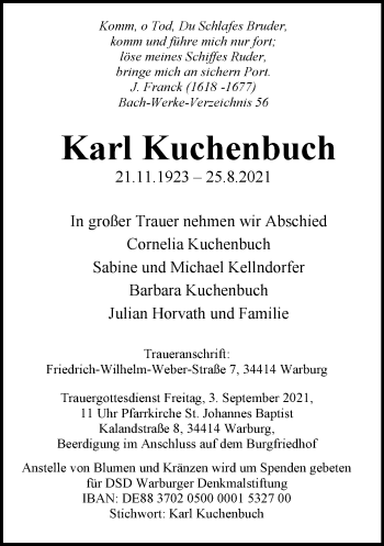 Traueranzeige von Karl Kuchenbuch von Neue Westfälische