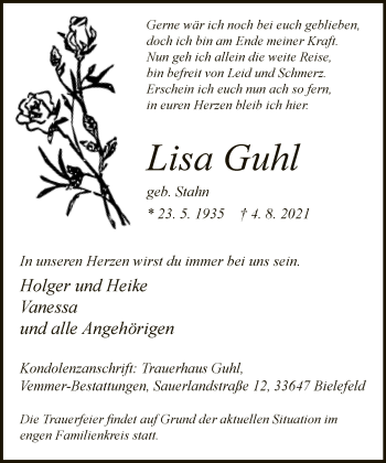 Traueranzeige von Lisa Guhl von Neue Westfälische