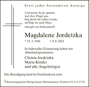 Traueranzeige von Magdalene Jordetzka von Neue Westfälische