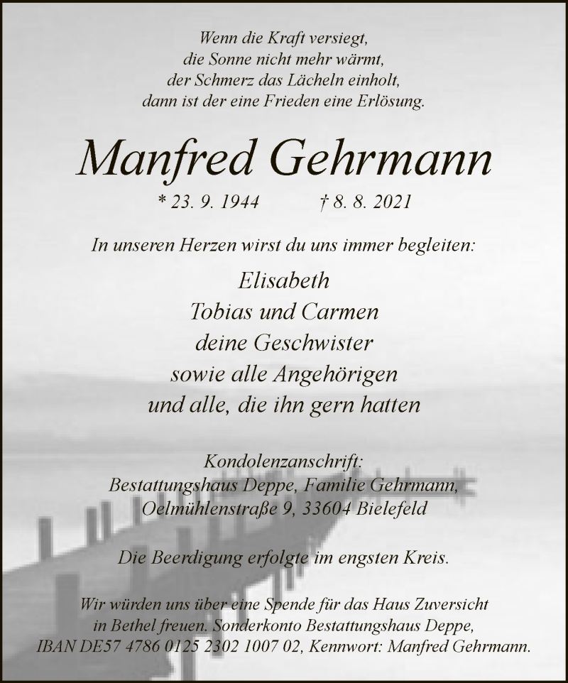  Traueranzeige für Manfred Gehrmann vom 14.08.2021 aus Neue Westfälische