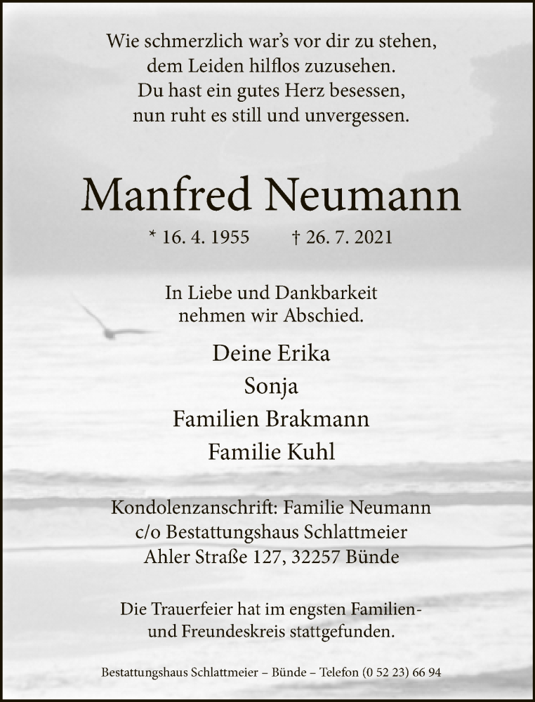  Traueranzeige für Manfred Neumann vom 07.08.2021 aus Neue Westfälische