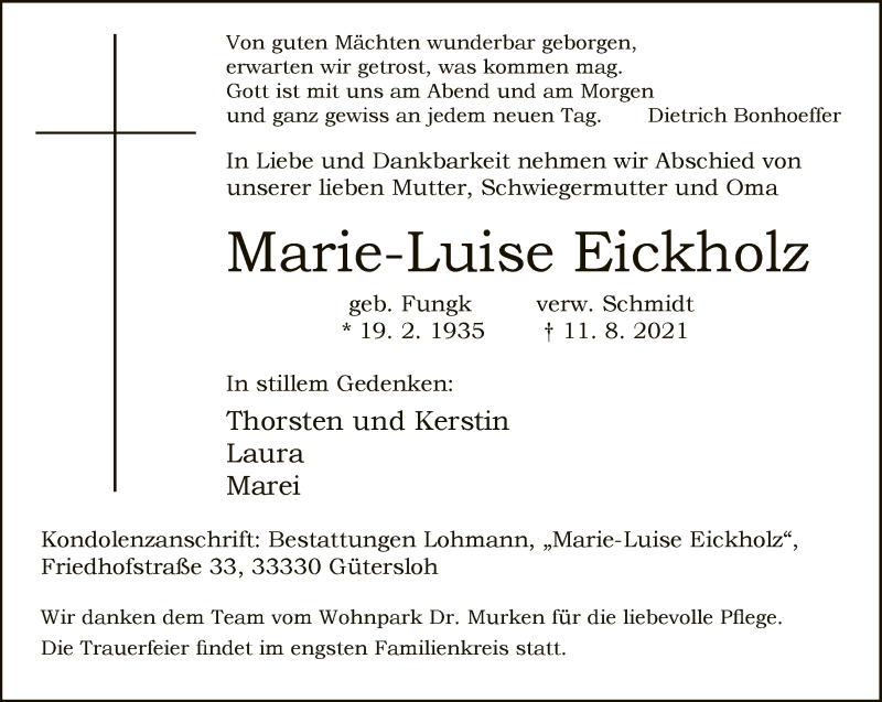  Traueranzeige für Marie-Luise Eickholz vom 14.08.2021 aus Neue Westfälische