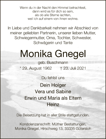 Traueranzeige von Monika Gnegel von Neue Westfälische